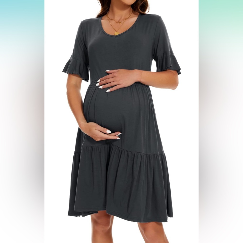 NWT Smallshow Maternity Dark Gray Short Sleeve Ruffle Dress - Picture 2 of 6
